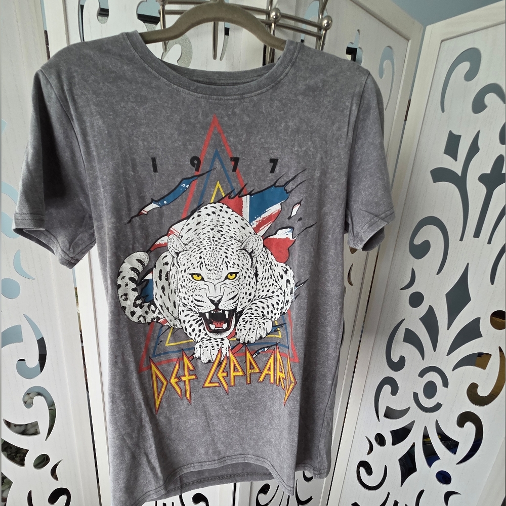 Def Leppard Leopard Graphic Tee Acid Wash Gray Rock Band Shirt Size S( -#1)